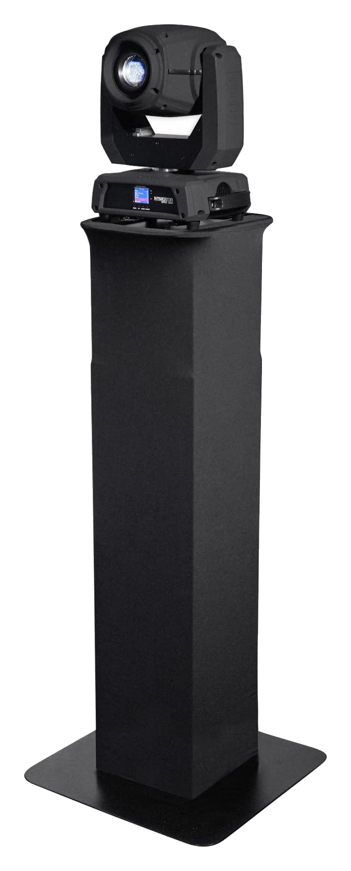 Adjustable totem stand with moving head on black scrim